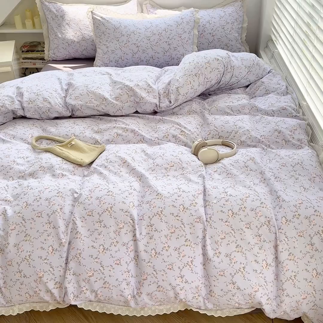 91家纺网 家纺一手货源 找家纺 温眠家纺 2025直播新款云感双层纱镂空花边四件套 花漫