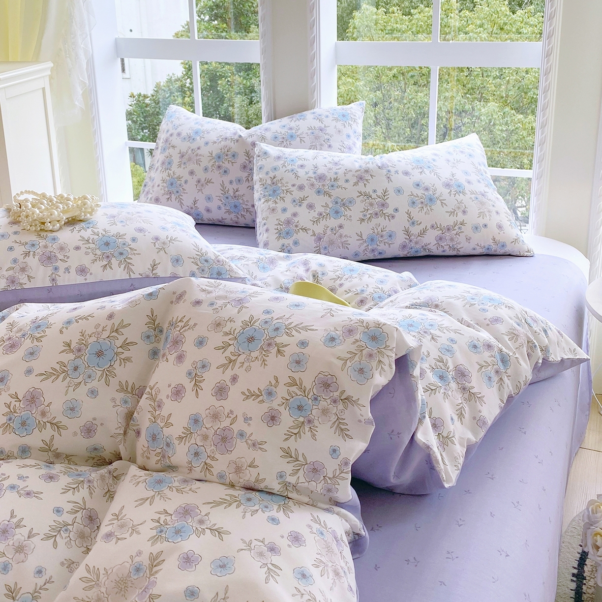 91家纺网 家纺一手货源 找家纺 小懒猪 2026新款北欧风高支高密全棉纯棉四件套（提供买家秀） 青蔓花盏