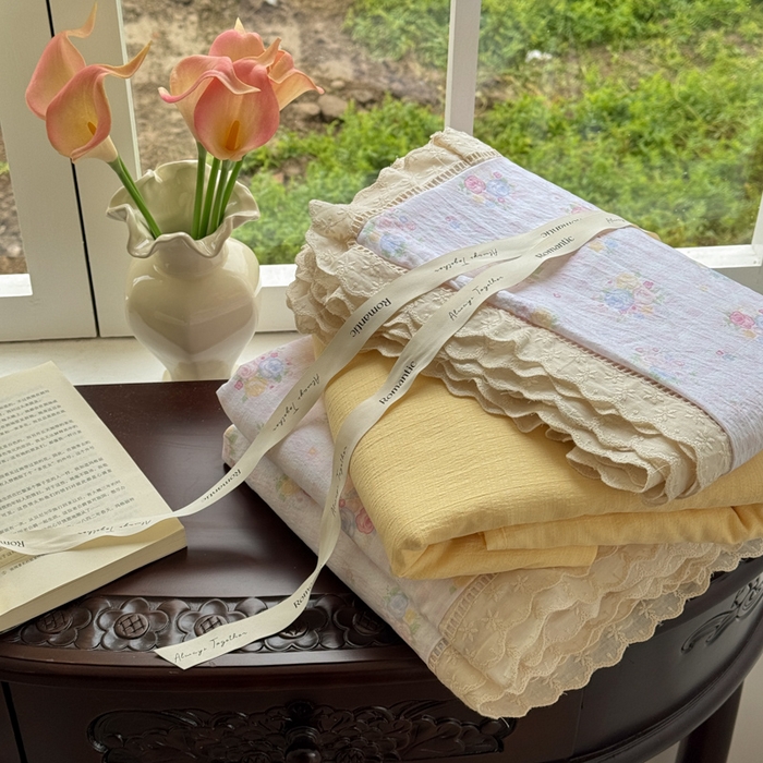 温眠家纺 2025直播新款云感双层纱镂空花边四件套 花漾甜心