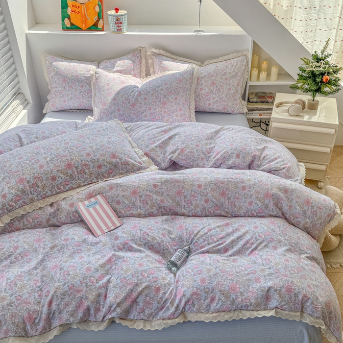 91家纺网 家纺一手货源 找家纺 温眠家纺 2025直播新款云感双层纱镂空花边四件套 蓝萱