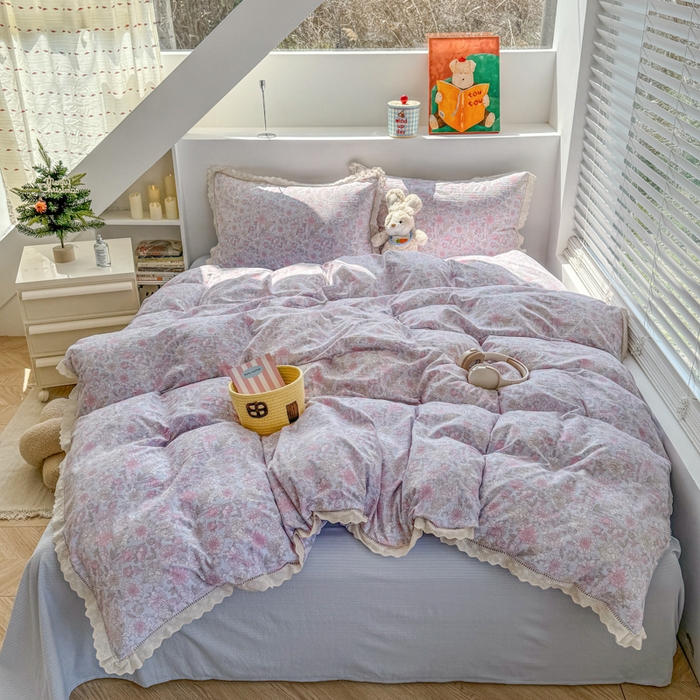 91家纺网 家纺一手货源 找家纺 温眠家纺 2025直播新款云感双层纱镂空花边四件套 蓝萱