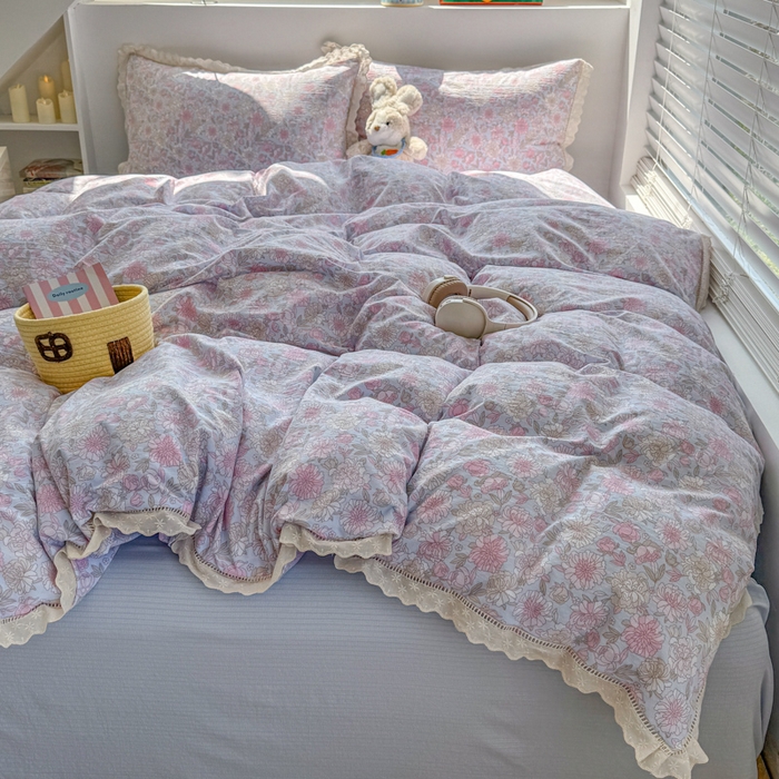 91家纺网 家纺一手货源 找家纺 温眠家纺 2025直播新款云感双层纱镂空花边四件套 蓝萱