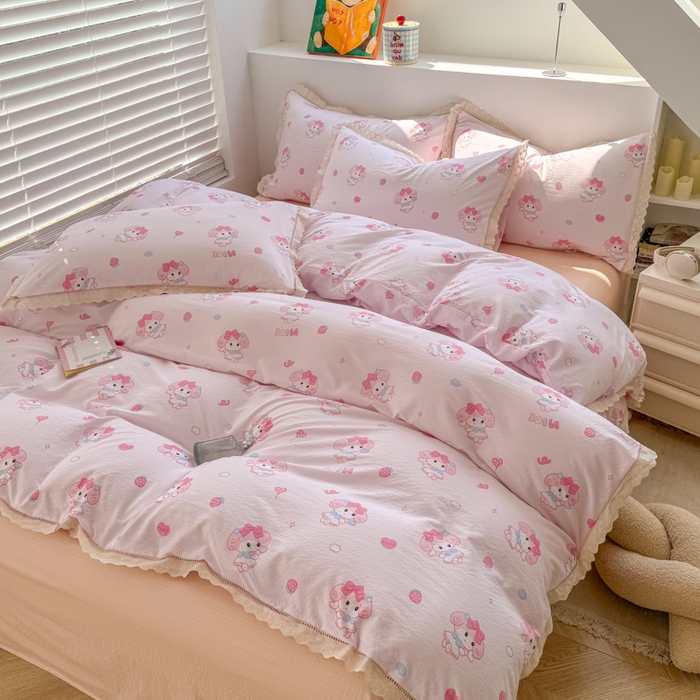 91家纺网 家纺一手货源 找家纺 温眠家纺 2025直播新款云感双层纱镂空花边四件套 莓乐蒂