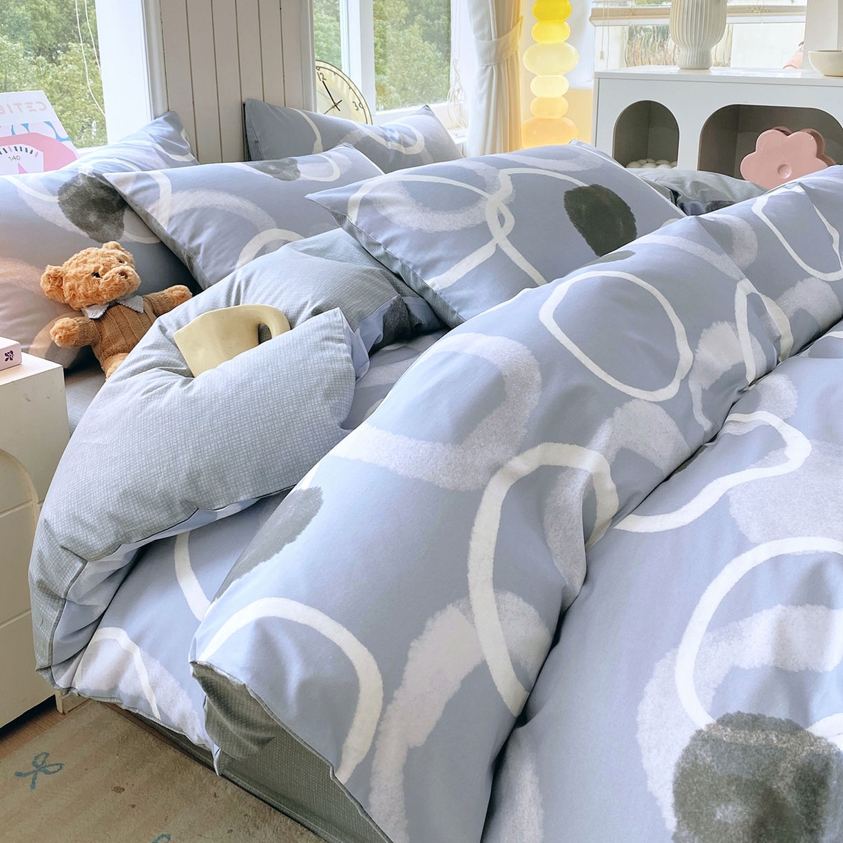 91家纺网 家纺一手货源 找家纺 小懒猪 2026新款北欧风高支高密全棉纯棉四件套（提供买家秀） 素环影