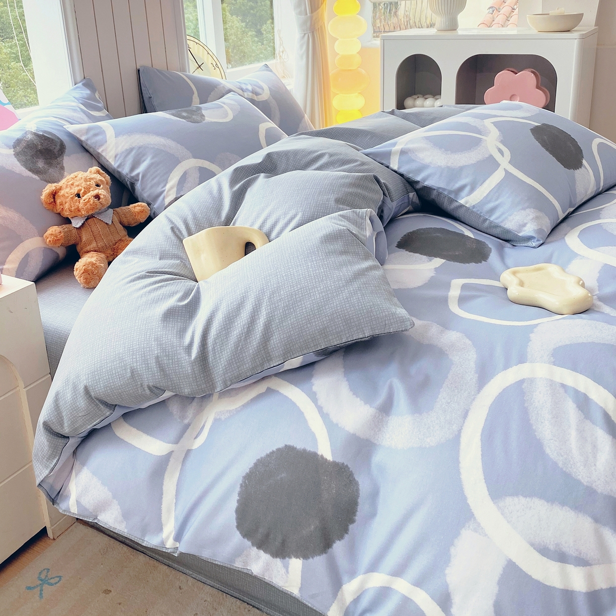 91家纺网 家纺一手货源 找家纺 小懒猪 2026新款北欧风高支高密全棉纯棉四件套（提供买家秀） 素环影