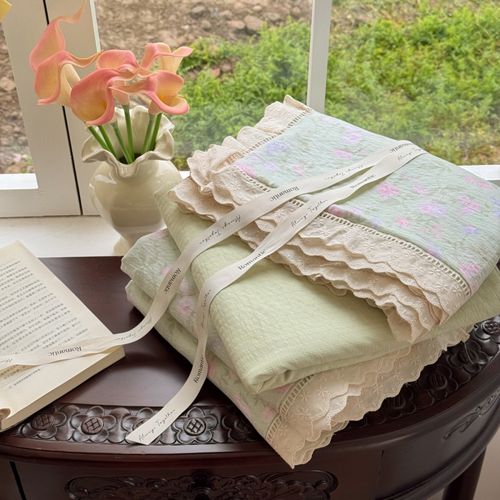 温眠家纺 2025直播新款云感双层纱镂空花边四件套 木槿绿