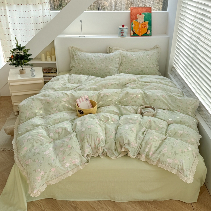 91家纺网 家纺一手货源 找家纺 温眠家纺 2025直播新款云感双层纱镂空花边四件套 木槿绿