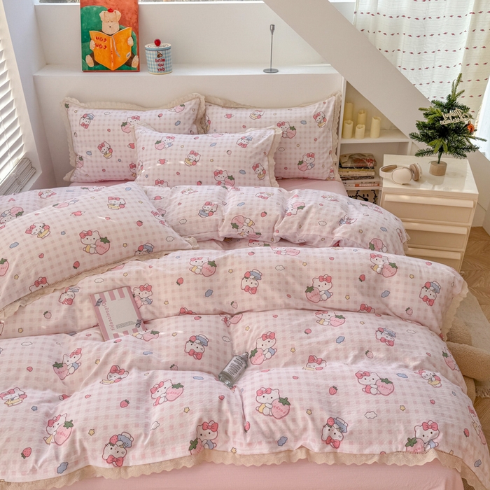 91家纺网 家纺一手货源 找家纺 温眠家纺 2025直播新款云感双层纱镂空花边四件套 甜心猫咪