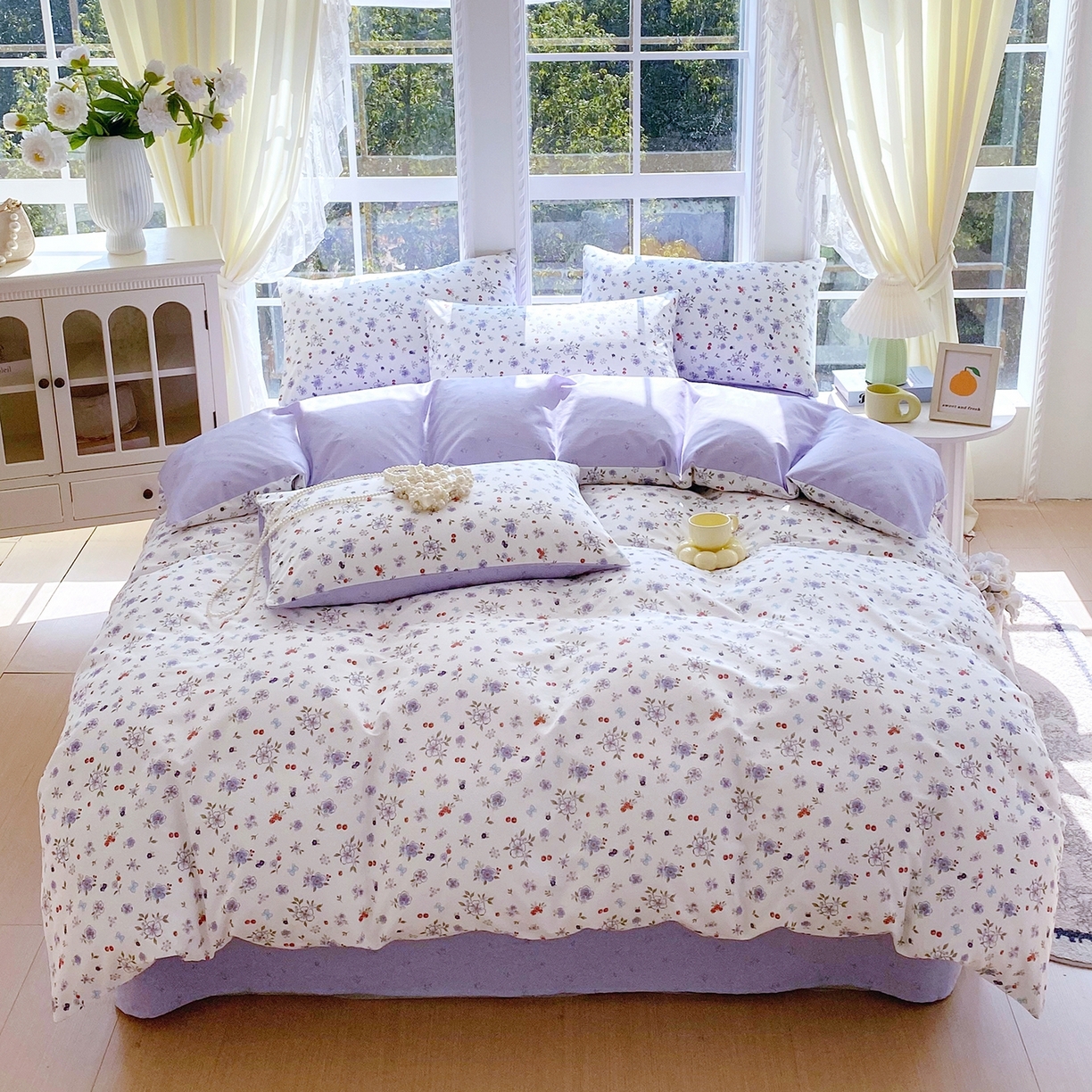 91家纺网 家纺一手货源 找家纺 小懒猪 2026新款北欧风高支高密全棉纯棉四件套（提供买家秀） 雾蓝花簇