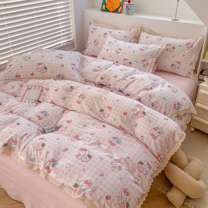 91家纺网 家纺一手货源 找家纺 温眠家纺 2025直播新款云感双层纱镂空花边四件套 甜心猫咪