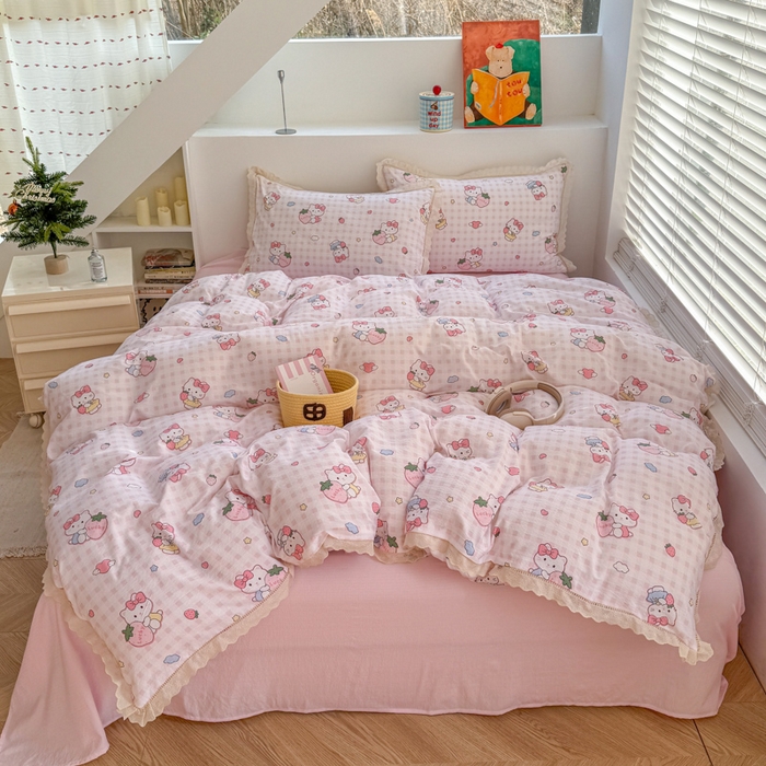 91家纺网 家纺一手货源 找家纺 温眠家纺 2025直播新款云感双层纱镂空花边四件套 甜心猫咪