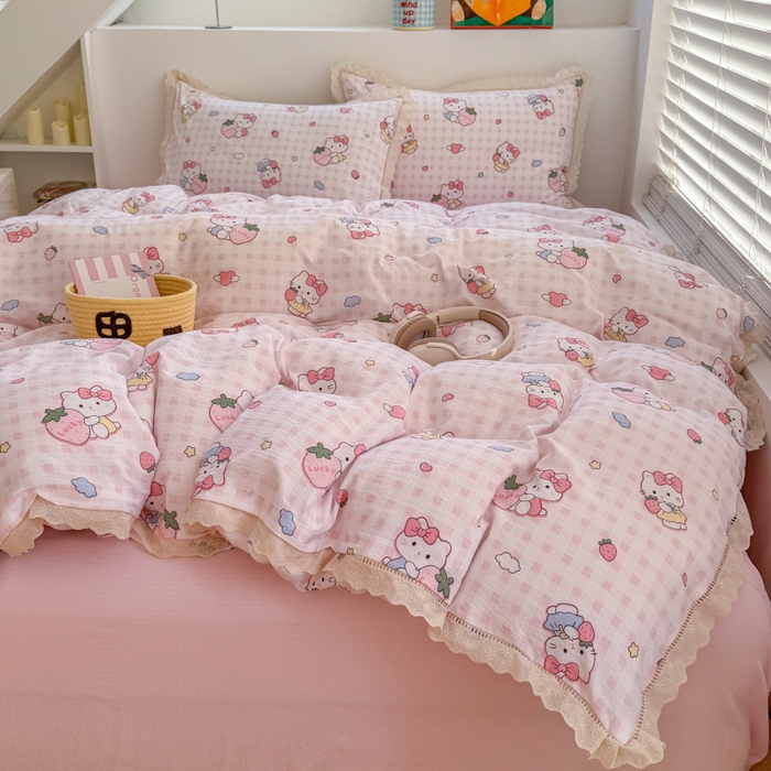 91家纺网 家纺一手货源 找家纺 温眠家纺 2025直播新款云感双层纱镂空花边四件套 甜心猫咪