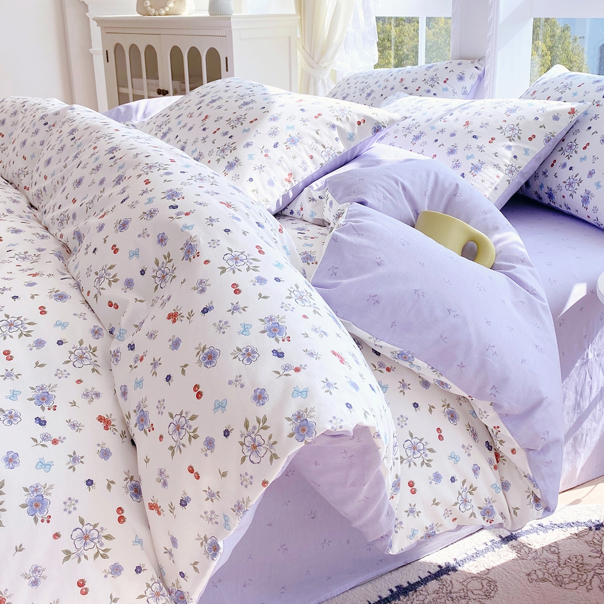 91家纺网 家纺一手货源 找家纺 小懒猪 2026新款北欧风高支高密全棉纯棉四件套（提供买家秀） 雾蓝花簇