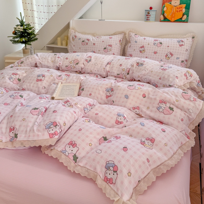 91家纺网 家纺一手货源 找家纺 温眠家纺 2025直播新款云感双层纱镂空花边四件套 甜心猫咪