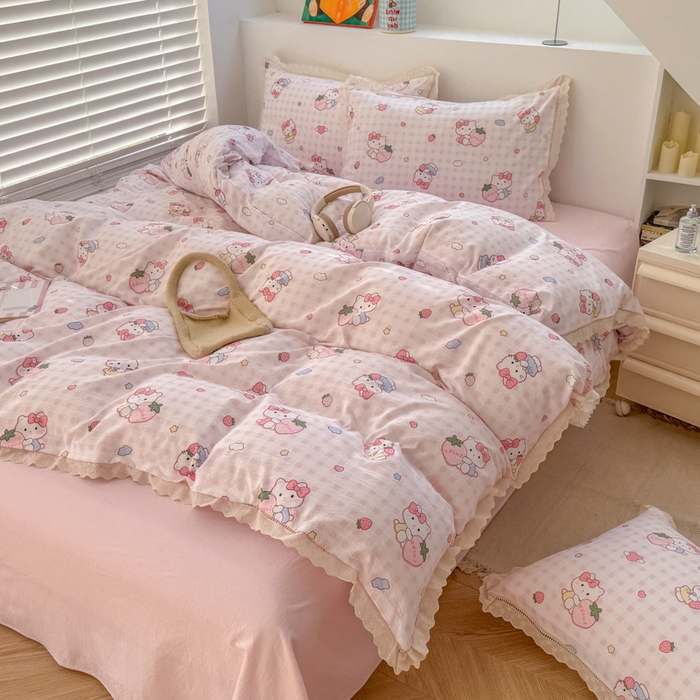 91家纺网 家纺一手货源 找家纺 温眠家纺 2025直播新款云感双层纱镂空花边四件套 甜心猫咪