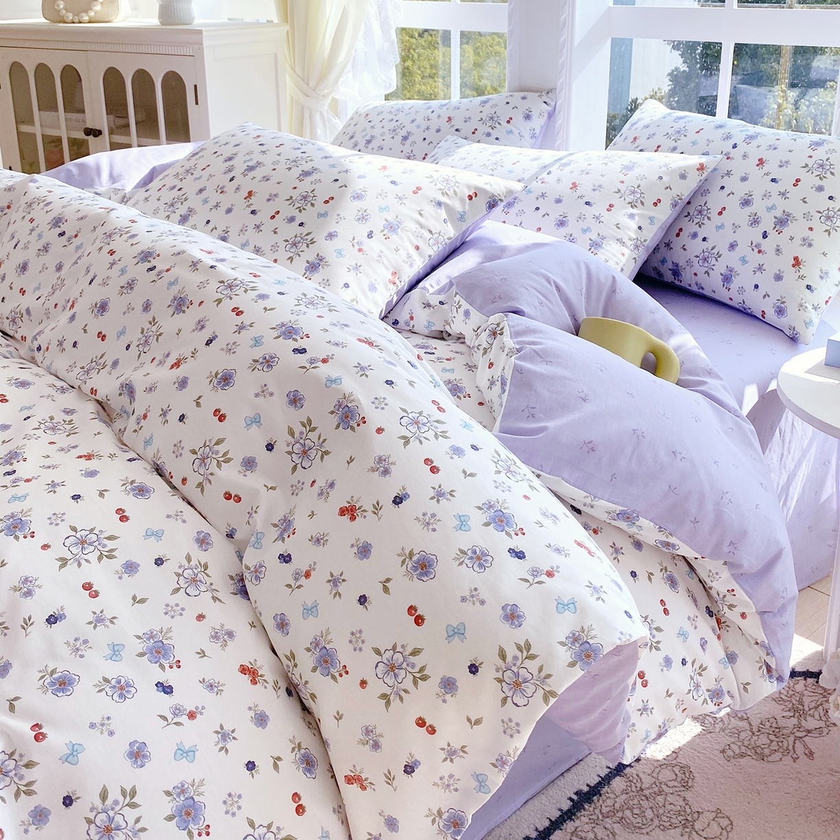 91家纺网 家纺一手货源 找家纺 小懒猪 2026新款北欧风高支高密全棉纯棉四件套（提供买家秀） 雾蓝花簇