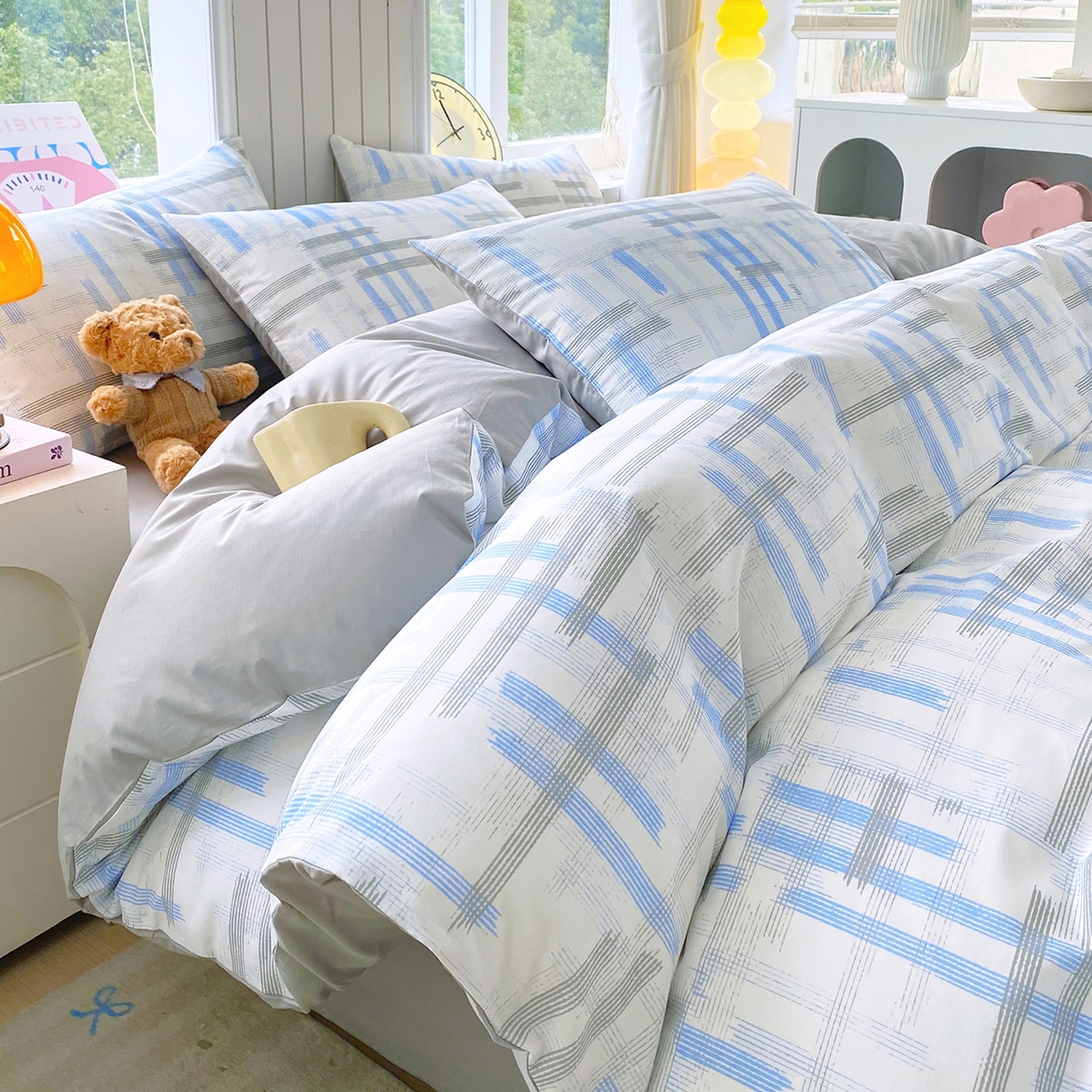 91家纺网 家纺一手货源 找家纺 小懒猪 2026新款北欧风高支高密全棉纯棉四件套（提供买家秀） 线影轻痕