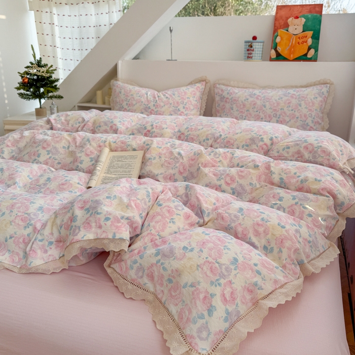 91家纺网 家纺一手货源 找家纺 温眠家纺 2025直播新款云感双层纱镂空花边四件套 晚香玉