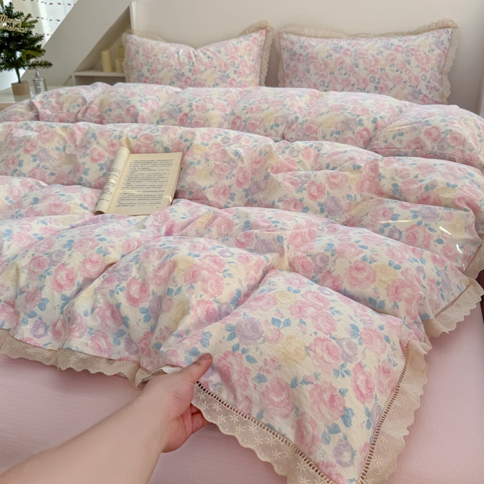 91家纺网 家纺一手货源 找家纺 温眠家纺 2025直播新款云感双层纱镂空花边四件套 晚香玉