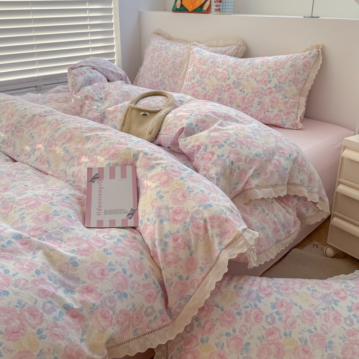 91家纺网 家纺一手货源 找家纺 温眠家纺 2025直播新款云感双层纱镂空花边四件套 晚香玉