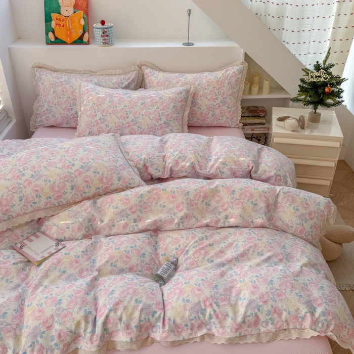 91家纺网 家纺一手货源 找家纺 温眠家纺 2025直播新款云感双层纱镂空花边四件套 晚香玉