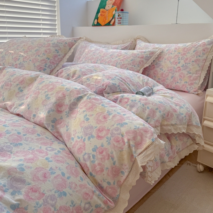 91家纺网 家纺一手货源 找家纺 温眠家纺 2025直播新款云感双层纱镂空花边四件套 晚香玉