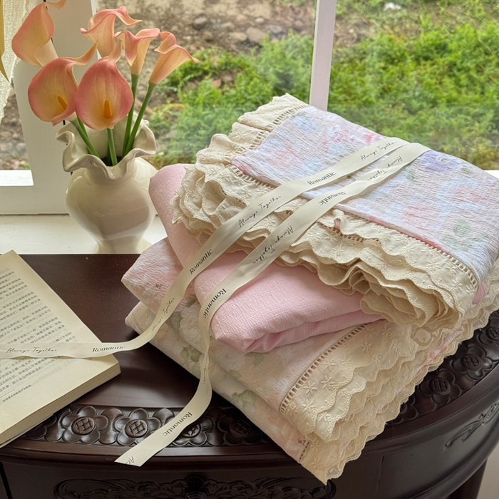 温眠家纺 2025直播新款云感双层纱镂空花边四件套 絮语