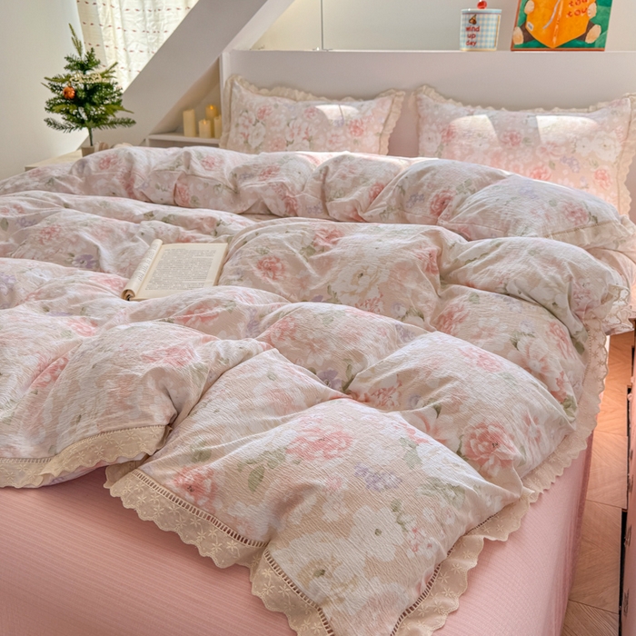 91家纺网 家纺一手货源 找家纺 温眠家纺 2025直播新款云感双层纱镂空花边四件套 絮语