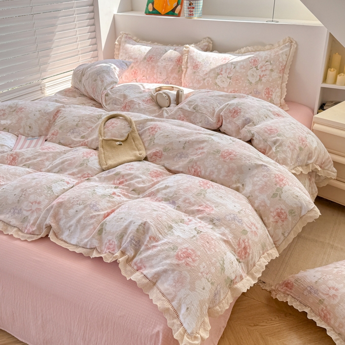 91家纺网 家纺一手货源 找家纺 温眠家纺 2025直播新款云感双层纱镂空花边四件套 絮语