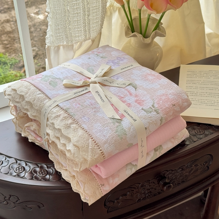 91家纺网 家纺一手货源 找家纺 温眠家纺 2025直播新款云感双层纱镂空花边四件套 絮语