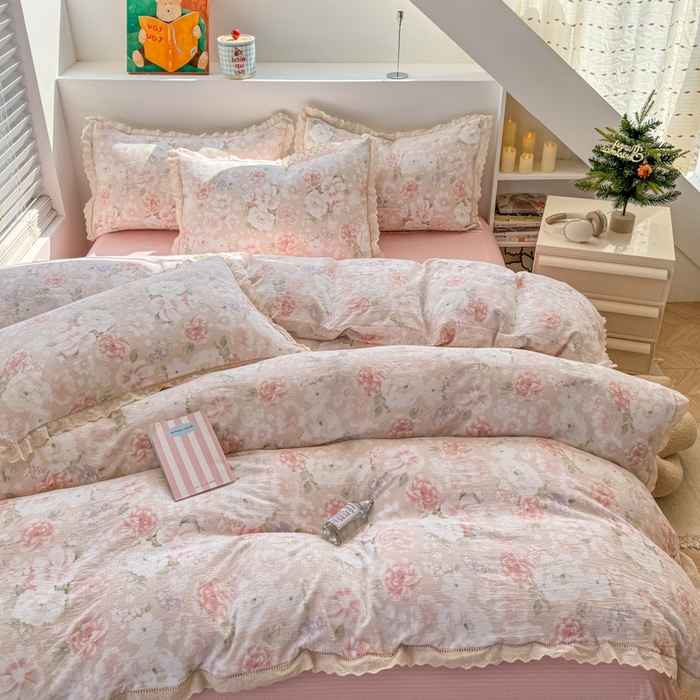 91家纺网 家纺一手货源 找家纺 温眠家纺 2025直播新款云感双层纱镂空花边四件套 絮语