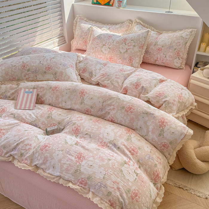 91家纺网 家纺一手货源 找家纺 温眠家纺 2025直播新款云感双层纱镂空花边四件套 絮语