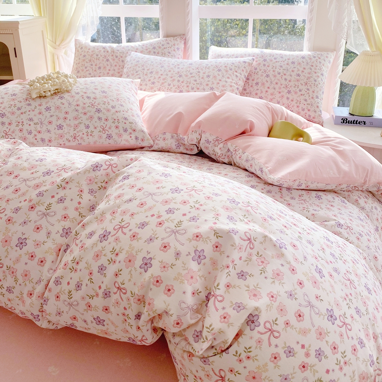 91家纺网 家纺一手货源 找家纺 小懒猪 2026新款北欧风高支高密全棉纯棉四件套（提供买家秀） 紫粉花漾