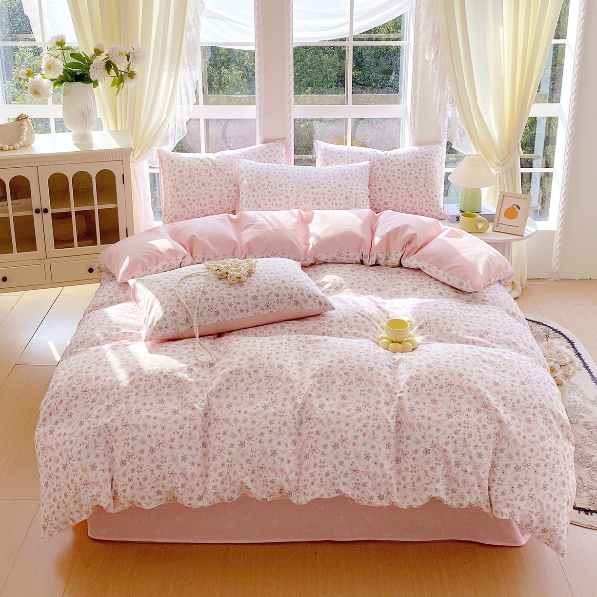 91家纺网 家纺一手货源 找家纺 小懒猪 2026新款北欧风高支高密全棉纯棉四件套（提供买家秀） 紫粉花漾