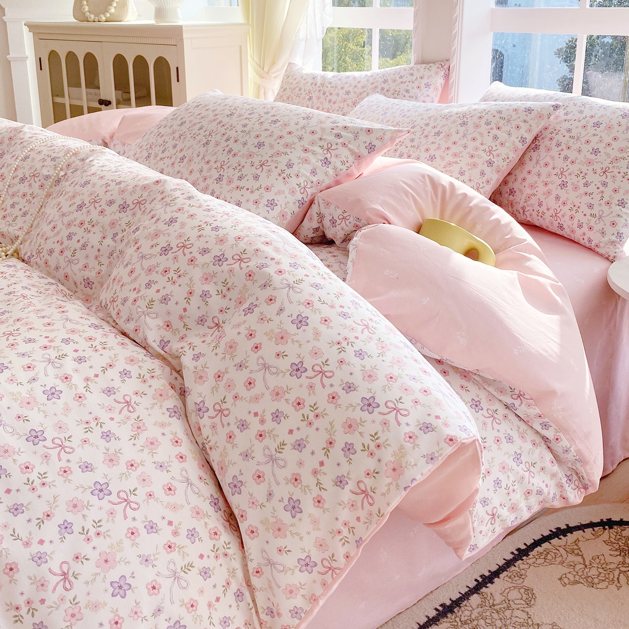 91家纺网 家纺一手货源 找家纺 小懒猪 2026新款北欧风高支高密全棉纯棉四件套（提供买家秀） 紫粉花漾