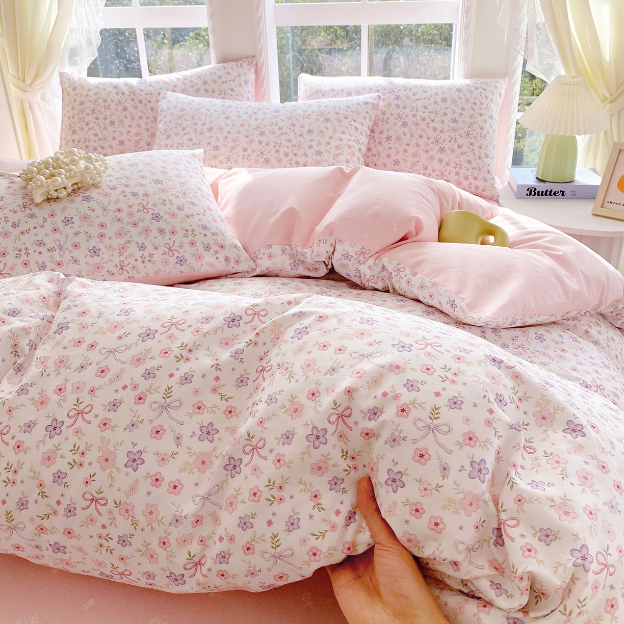 91家纺网 家纺一手货源 找家纺 小懒猪 2026新款北欧风高支高密全棉纯棉四件套（提供买家秀） 紫粉花漾