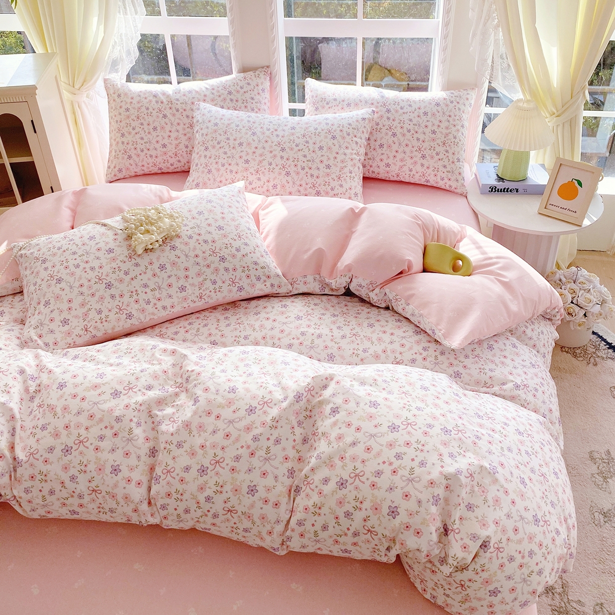 91家纺网 家纺一手货源 找家纺 小懒猪 2026新款北欧风高支高密全棉纯棉四件套（提供买家秀） 紫粉花漾