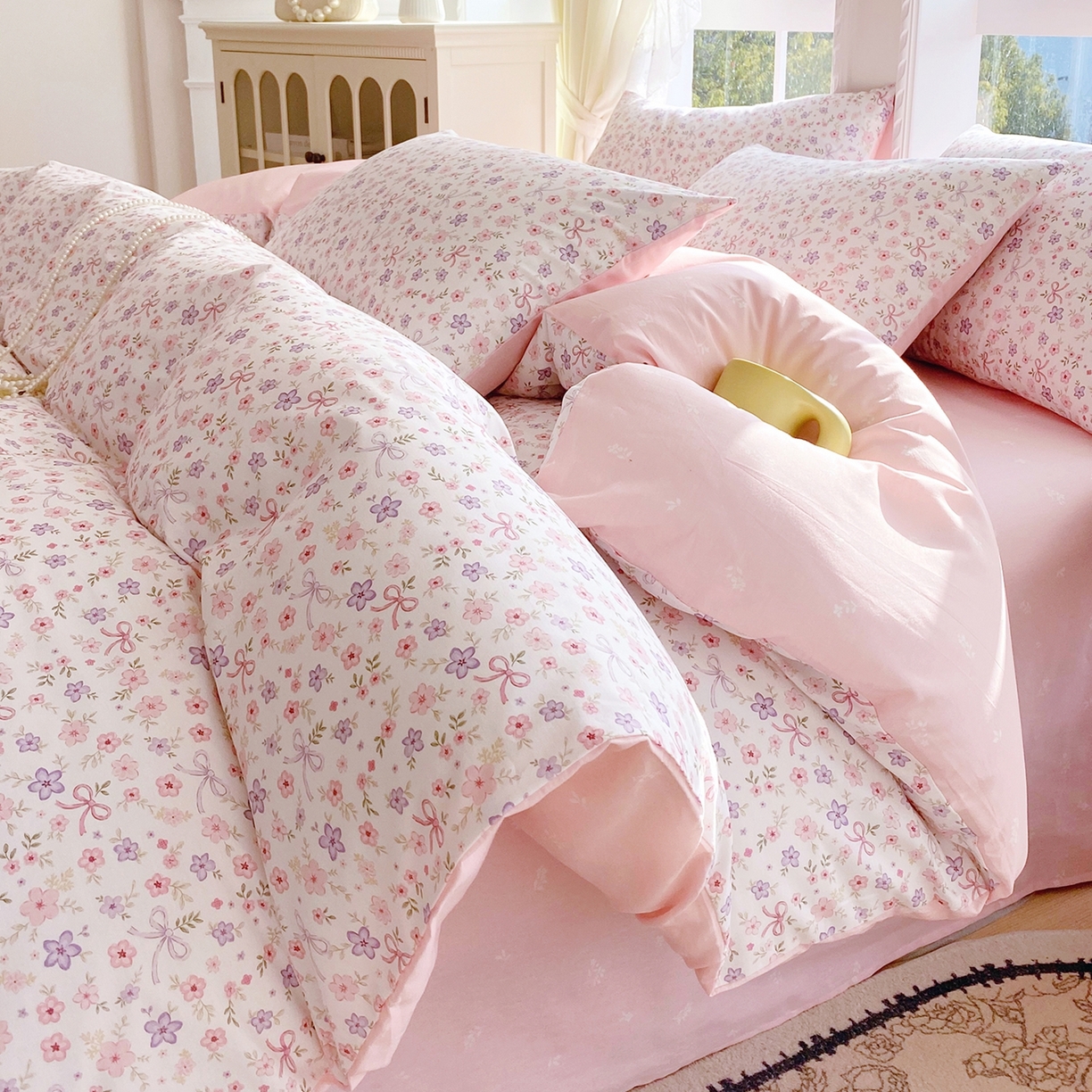 91家纺网 家纺一手货源 找家纺 小懒猪 2026新款北欧风高支高密全棉纯棉四件套（提供买家秀） 紫粉花漾