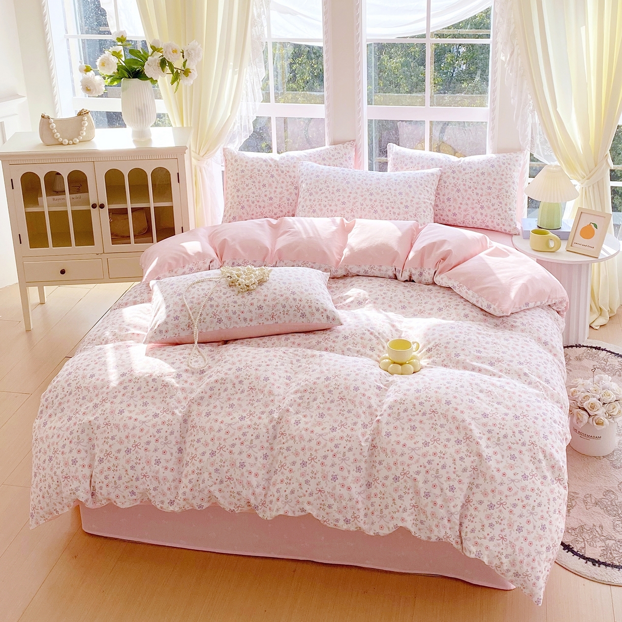 91家纺网 家纺一手货源 找家纺 小懒猪 2026新款北欧风高支高密全棉纯棉四件套（提供买家秀） 紫粉花漾