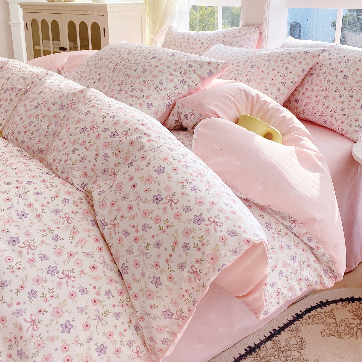 91家纺网 家纺一手货源 找家纺 小懒猪 2026新款北欧风高支高密全棉纯棉四件套（提供买家秀） 紫粉花漾