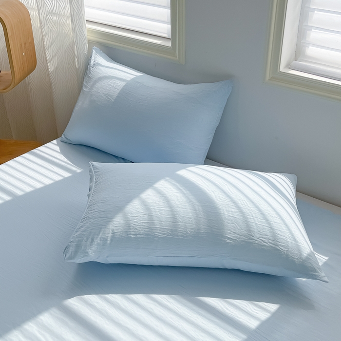 91家纺网 家纺一手货源 找家纺 温眠家纺 2025新款水洗棉色织单床单系列-单枕套 奶蓝