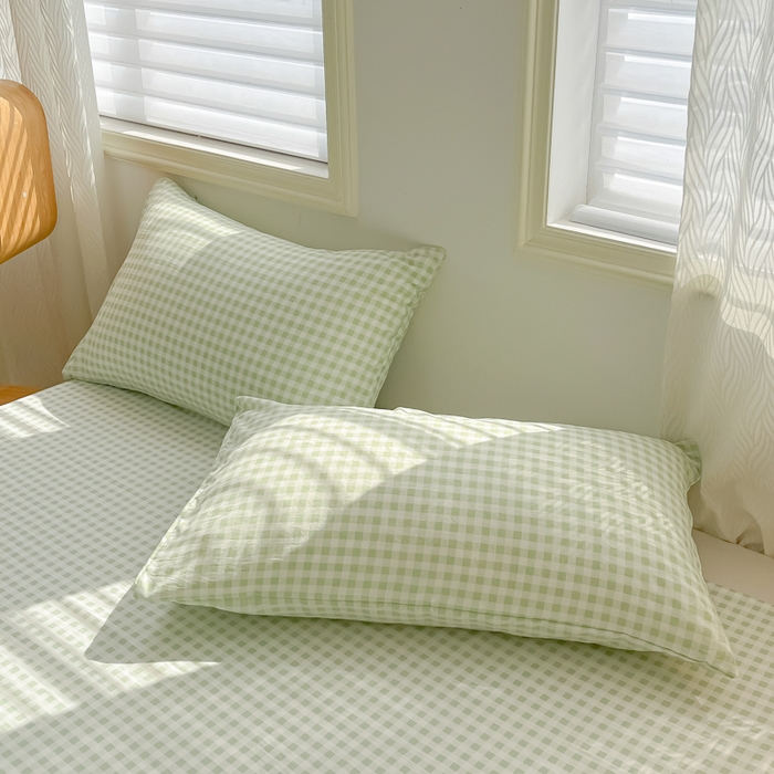 91家纺网 家纺一手货源 找家纺 温眠家纺 2025新款水洗棉色织单床单系列-单枕套 小绿格