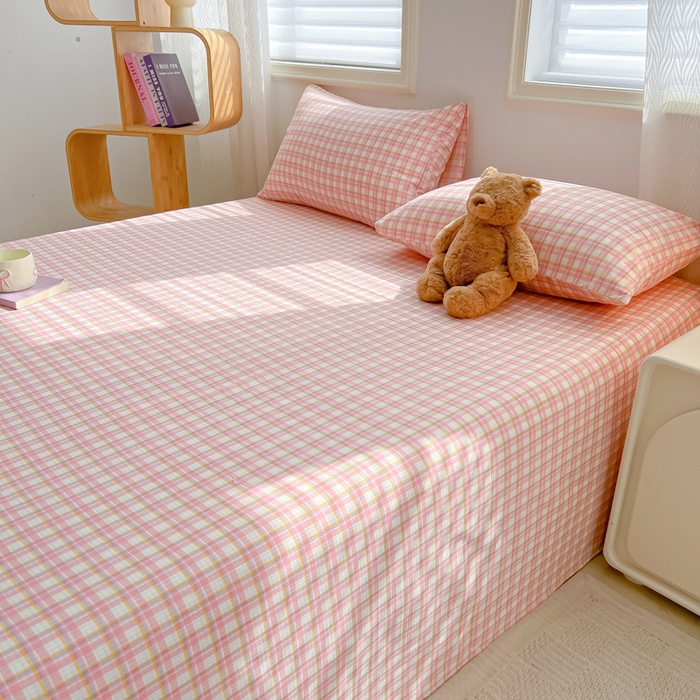 91家纺网 家纺一手货源 找家纺 温眠家纺 2025新款水洗棉色织单床单系列-单枕套 典雅格-粉