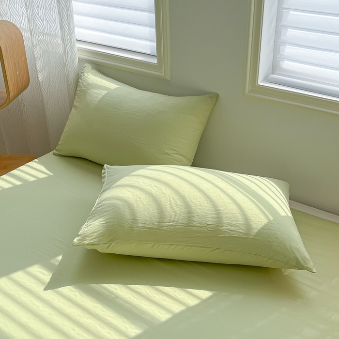 温眠家纺 2025新款水洗棉色织单床单系列-单枕套 豆绿