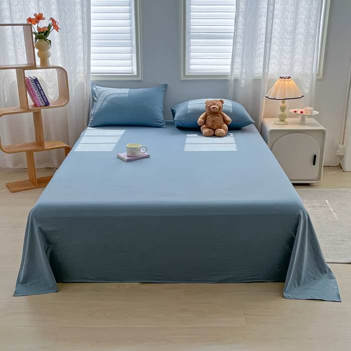 91家纺网 家纺一手货源 找家纺 温眠家纺 2025新款水洗棉色织单床单系列-单枕套 迷雾蓝