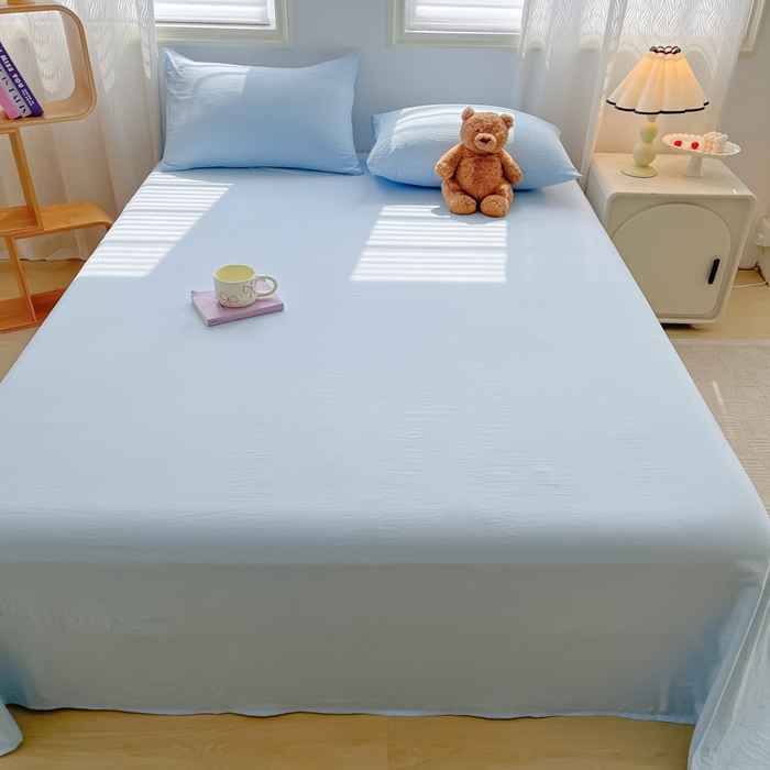 91家纺网 家纺一手货源 找家纺 温眠家纺 2025新款水洗棉色织单床单系列-单枕套 奶蓝