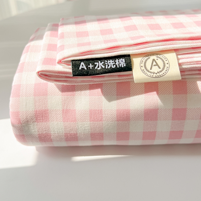 91家纺网 家纺一手货源 找家纺 温眠家纺 2025新款水洗棉色织单床单系列-单枕套 小粉格