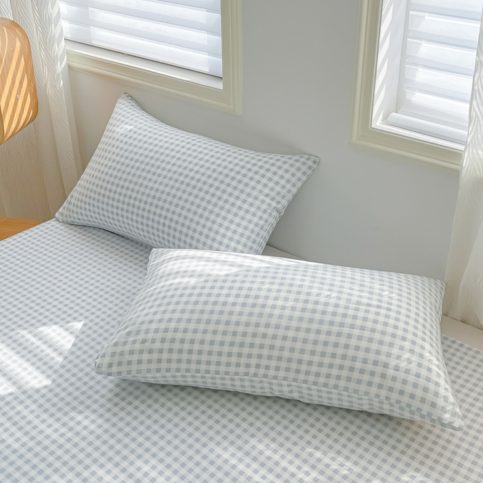 温眠家纺 2025新款水洗棉色织单床单系列-单枕套 小蓝格