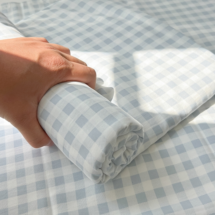 91家纺网 家纺一手货源 找家纺 温眠家纺 2025新款水洗棉色织单床单系列-单枕套 小蓝格