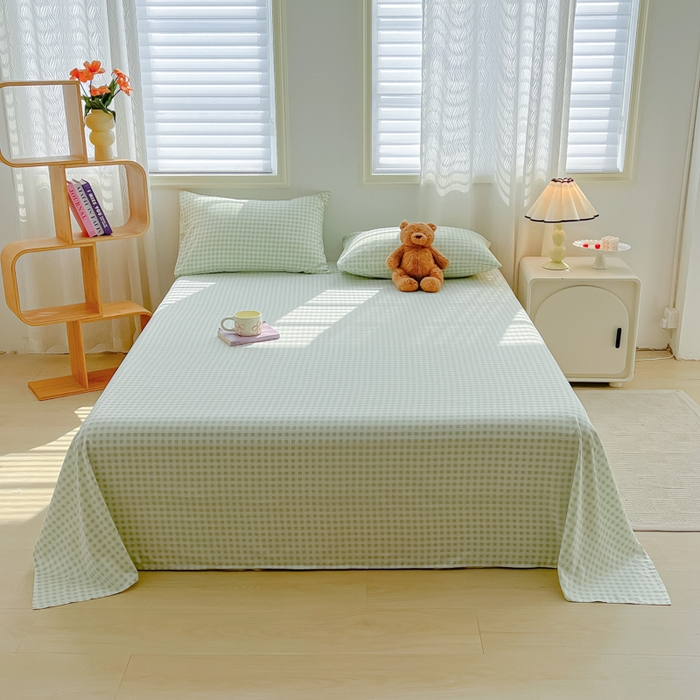 91家纺网 家纺一手货源 找家纺 温眠家纺 2025新款水洗棉色织单床单系列-单枕套 小绿格